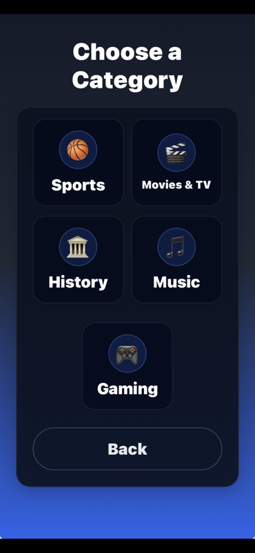 Trivia Dash category selection screen