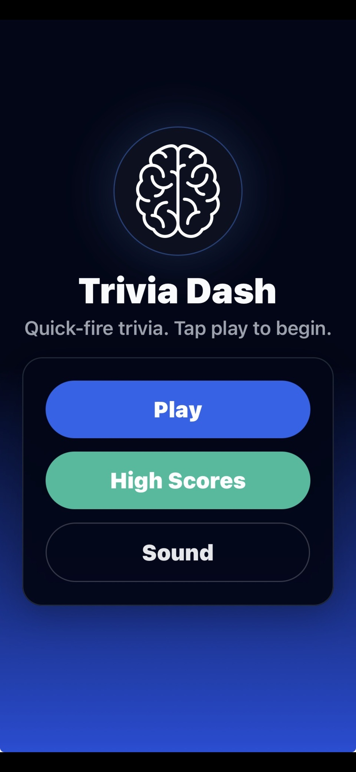 Trivia Dash home screen
